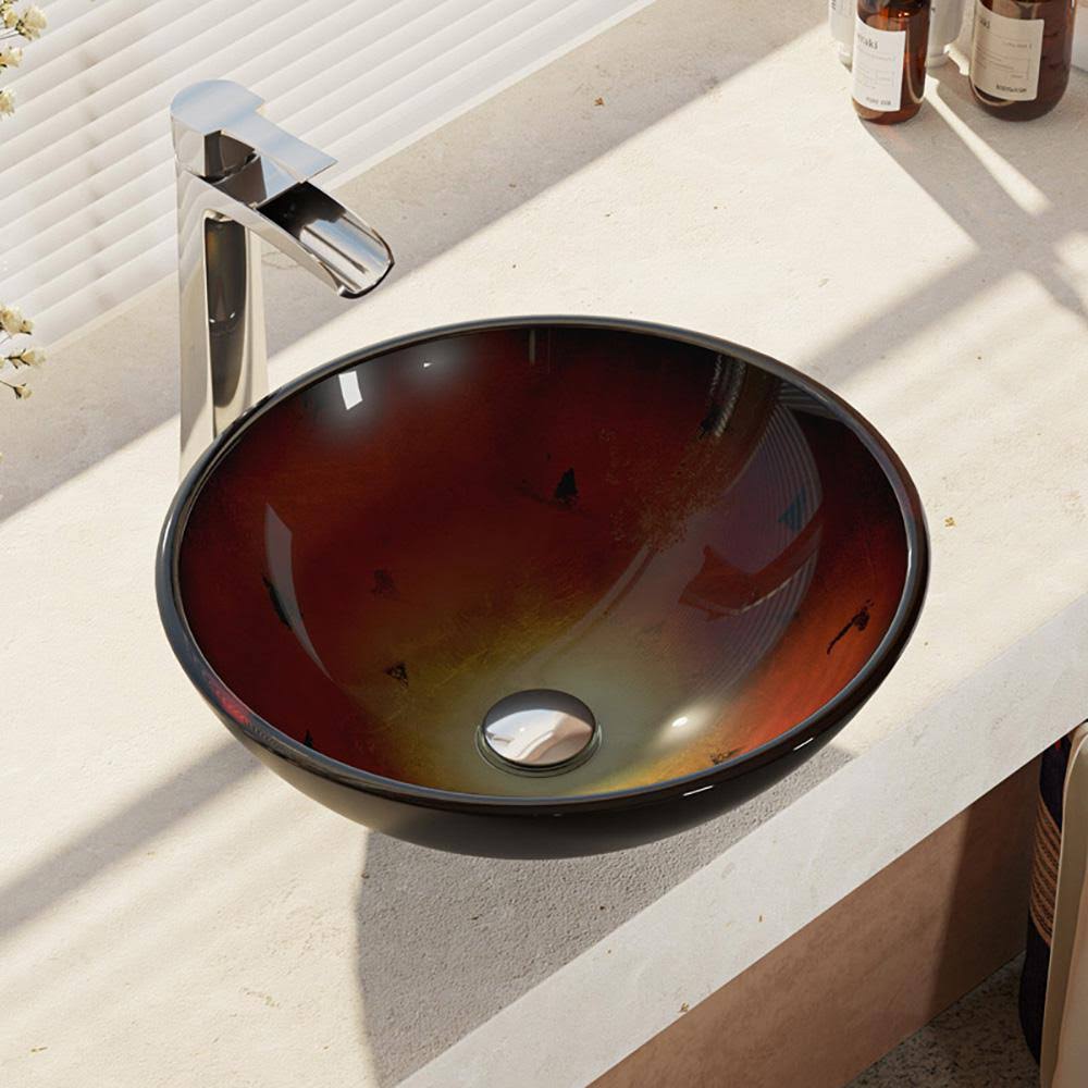 Foil Undertone Glass Vessel Sink with Chrome Faucet and Drain C3495