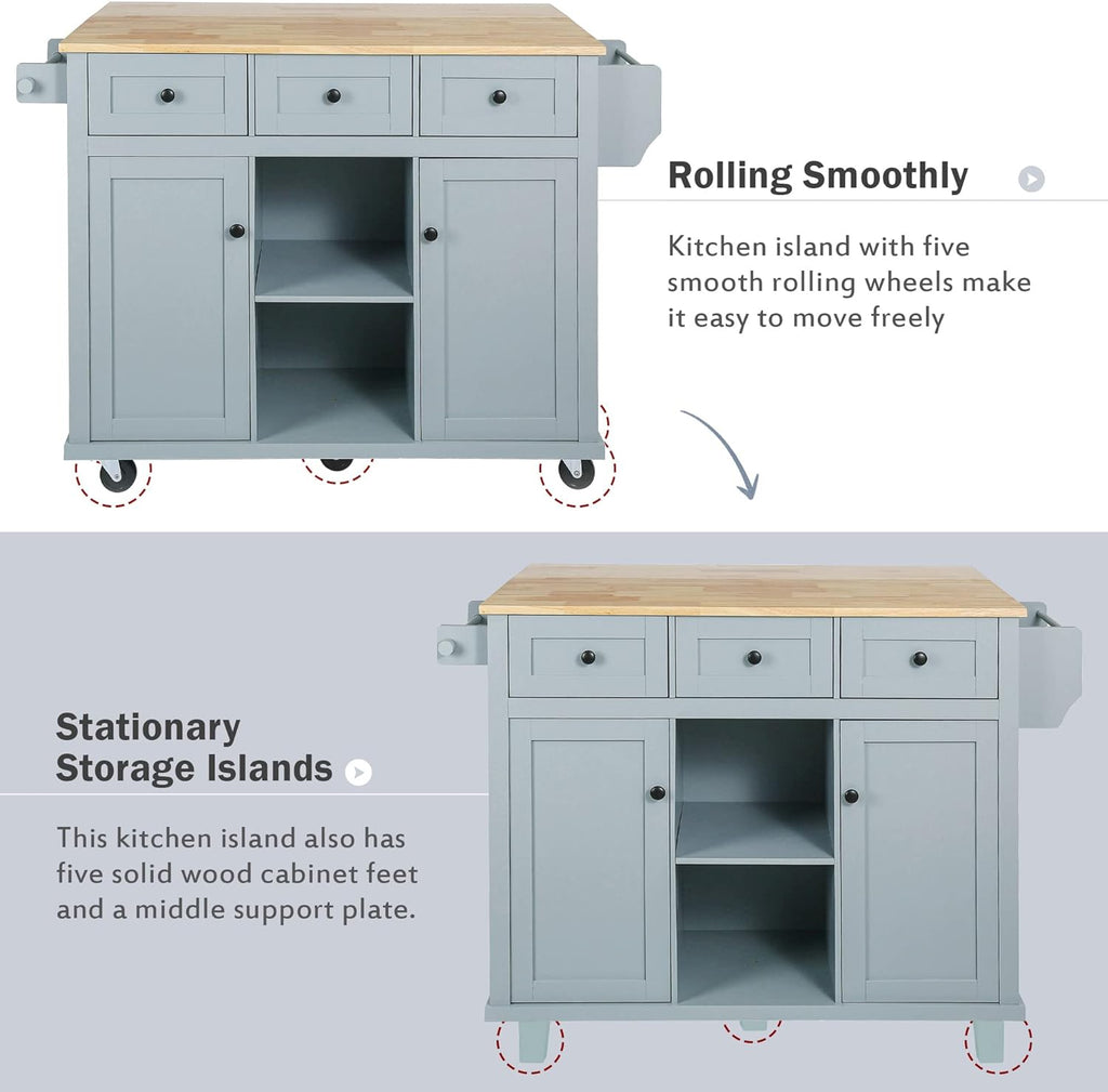 Blue Kitchen Cart with Rubber Wood Drop-Leaf Countertop V12662