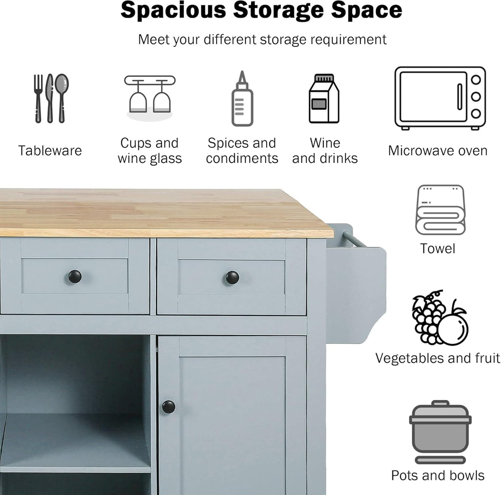 Blue Kitchen Cart with Rubber Wood Drop-Leaf Countertop V12662