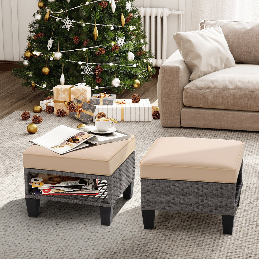 Square Rattan Storage Ottomans Set of 2 with Cushion F3282
