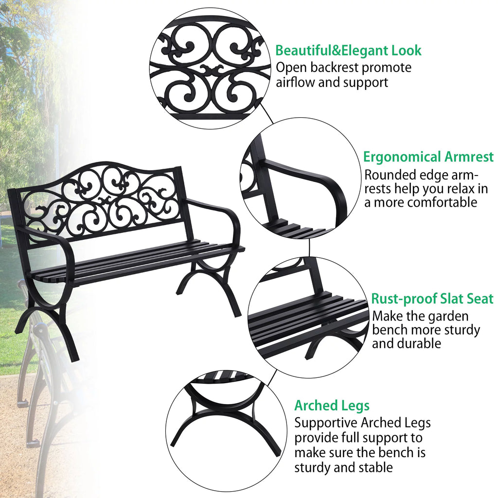 50" Outdoor Iron Cast Garden Park Bench - Black K21036
