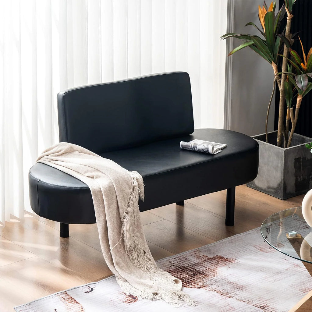 Black Leather Upholstered Bench with Backrest E338