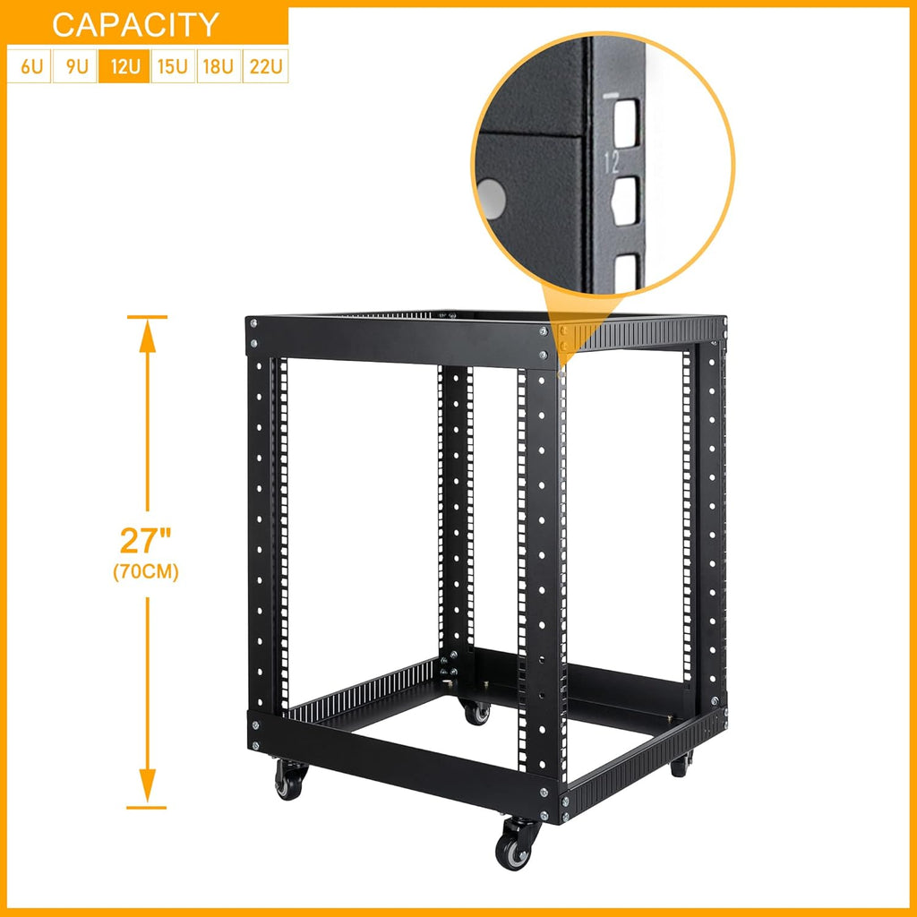 12U Open Frame Server Rack with Casters, 4 Post, 19-inch, Black D500