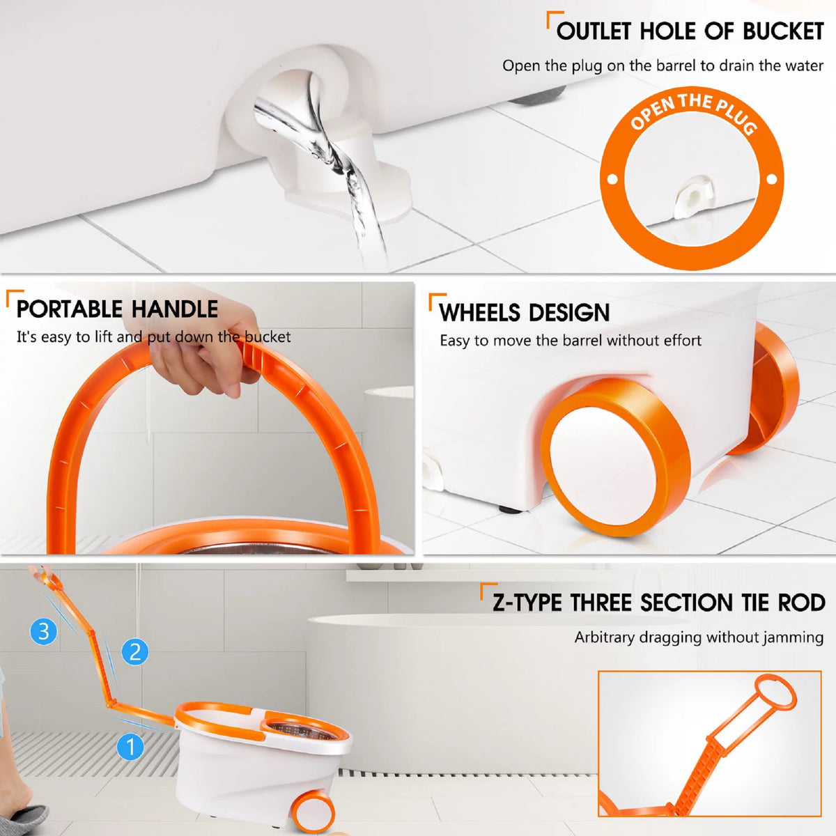 Spin Mop and Bucket System with Wringer Set, 6 Microfiber Mop Heads I313978