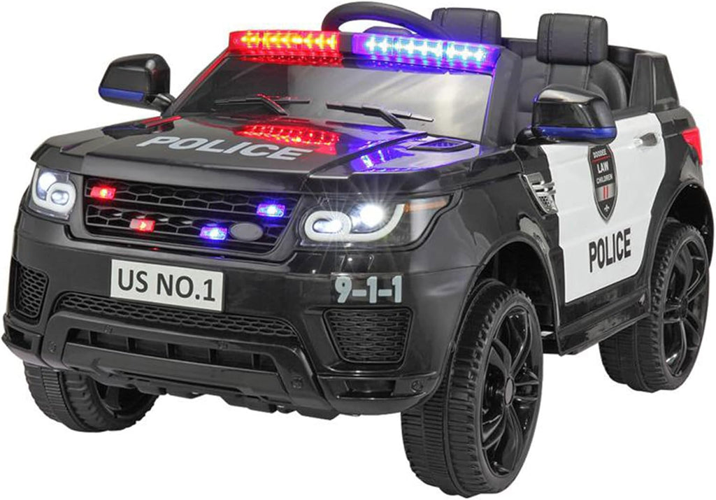 Black 12V Kids Ride On Police Car with Remote Control T24419