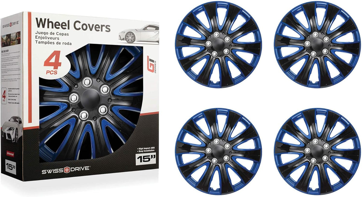 15 Inch Set of 4 Black and Blue Car Wheel Hubcaps W33742