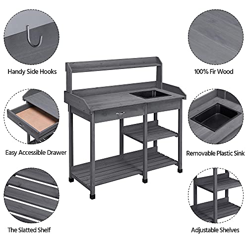 Natural Wood Potting Bench with Sink Drawer Rack Shelves P6531