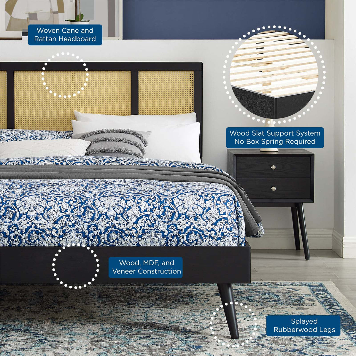 Queen Size Black Wood Platform Bed Frame Q9199