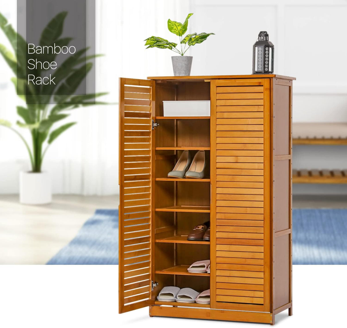 Brown Bamboo Shoe Storage Cabinet with Double Shutter Doors L72298