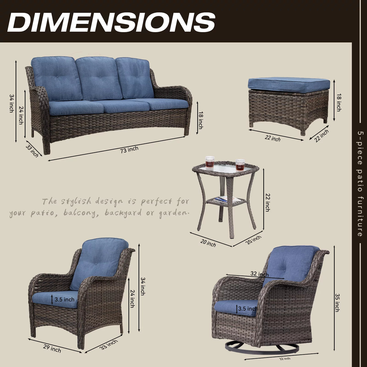 8 Pieces Outdoor Furniture Set with 3-Seat Sofa Swivel Rocking Chairs P4580