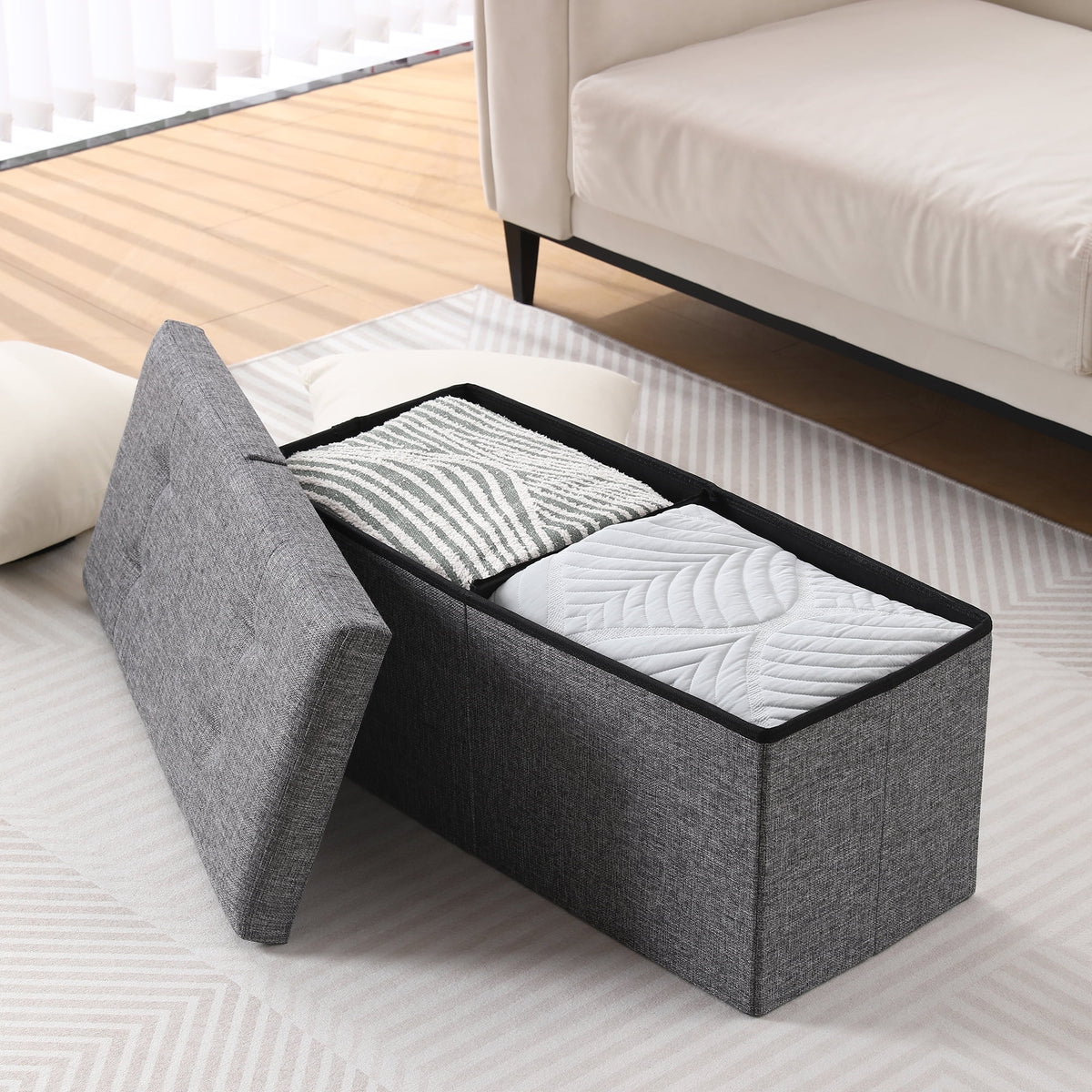 Linen Fabric Storage Ottoman Bench K354098