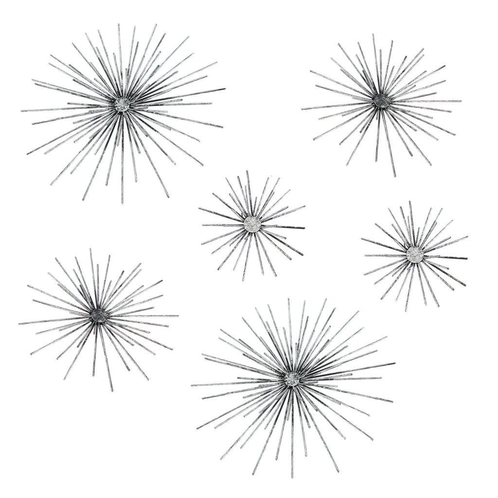 Silver Finish Metal Star Burst Wall Décor Set of 6 S292