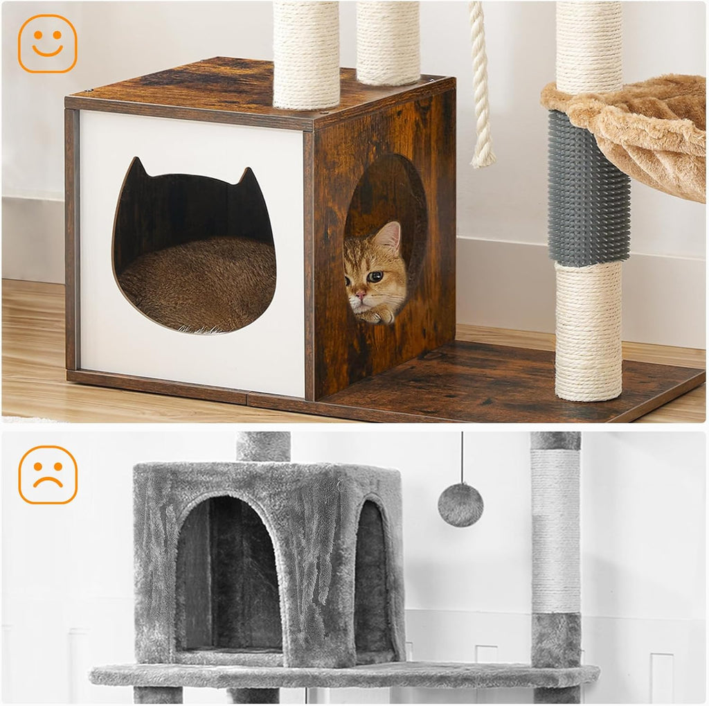 Rustic Brown Wooden Cat Tree with Scratching Posts J18425
