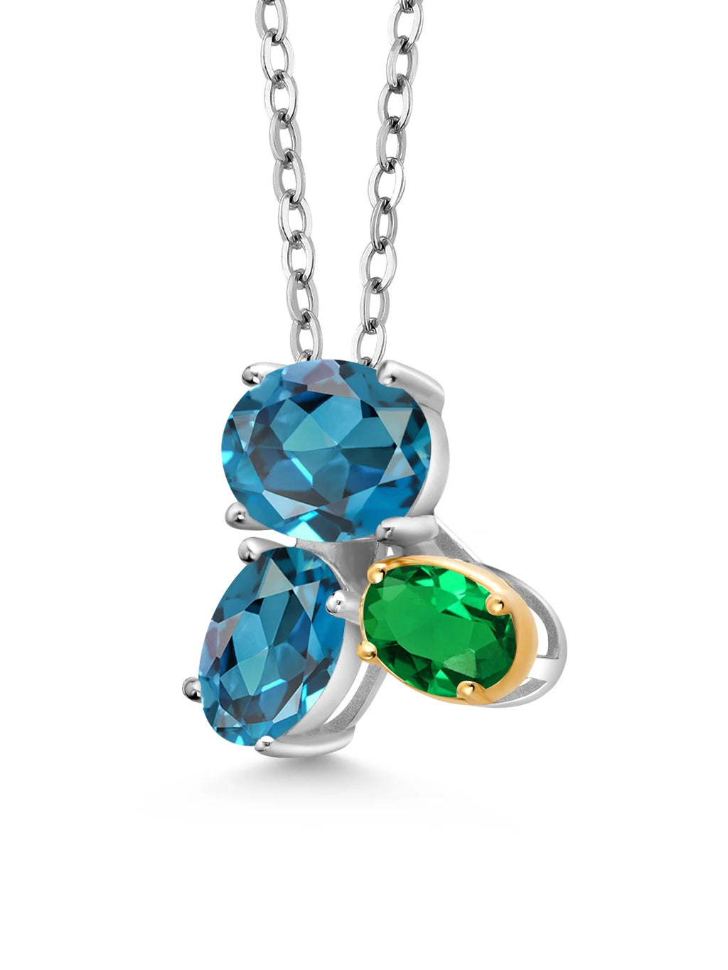 925 Silver 10K Yellow Gold London Blue Topaz Green Nano Emerald Pendant Necklace with 18 inch Chain F536