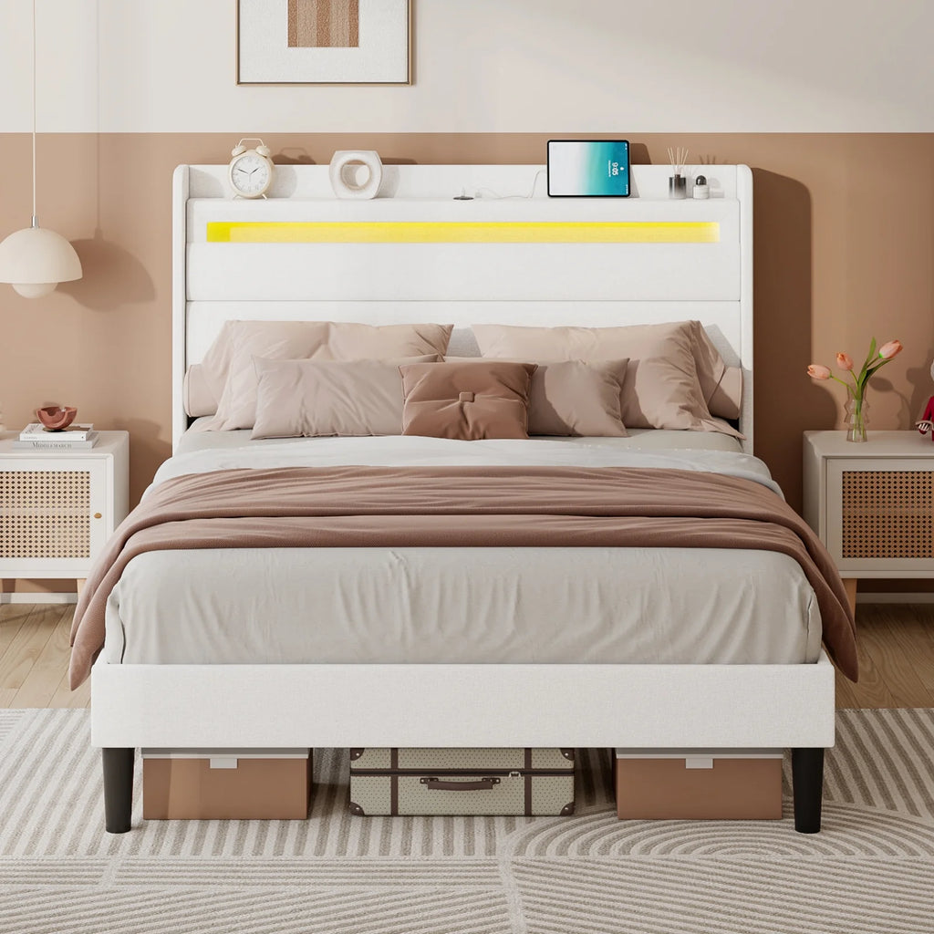 Queen Size White Linen Upholstered Platform Bed with Storage Headboard O2373