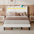 Queen Size White Linen Upholstered Platform Bed with Storage Headboard O2373