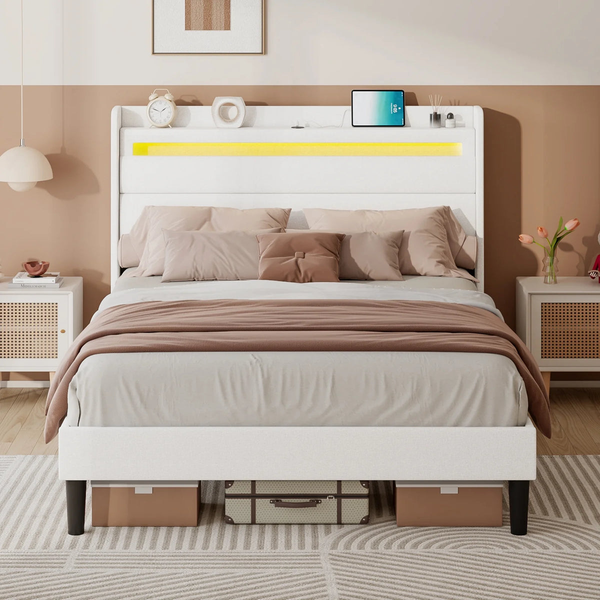 Queen Size White Linen Upholstered Platform Bed with Storage Headboard O2373