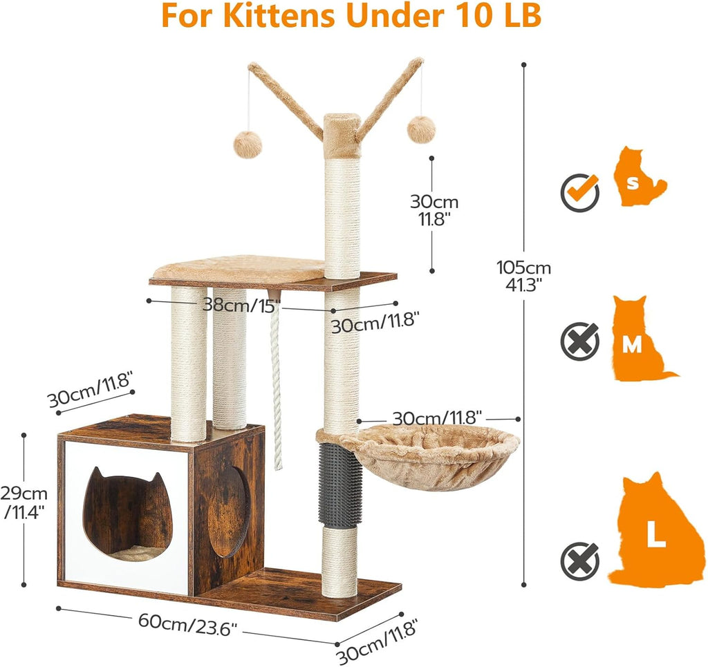 Rustic Brown Wooden Cat Tree with Scratching Posts J18425