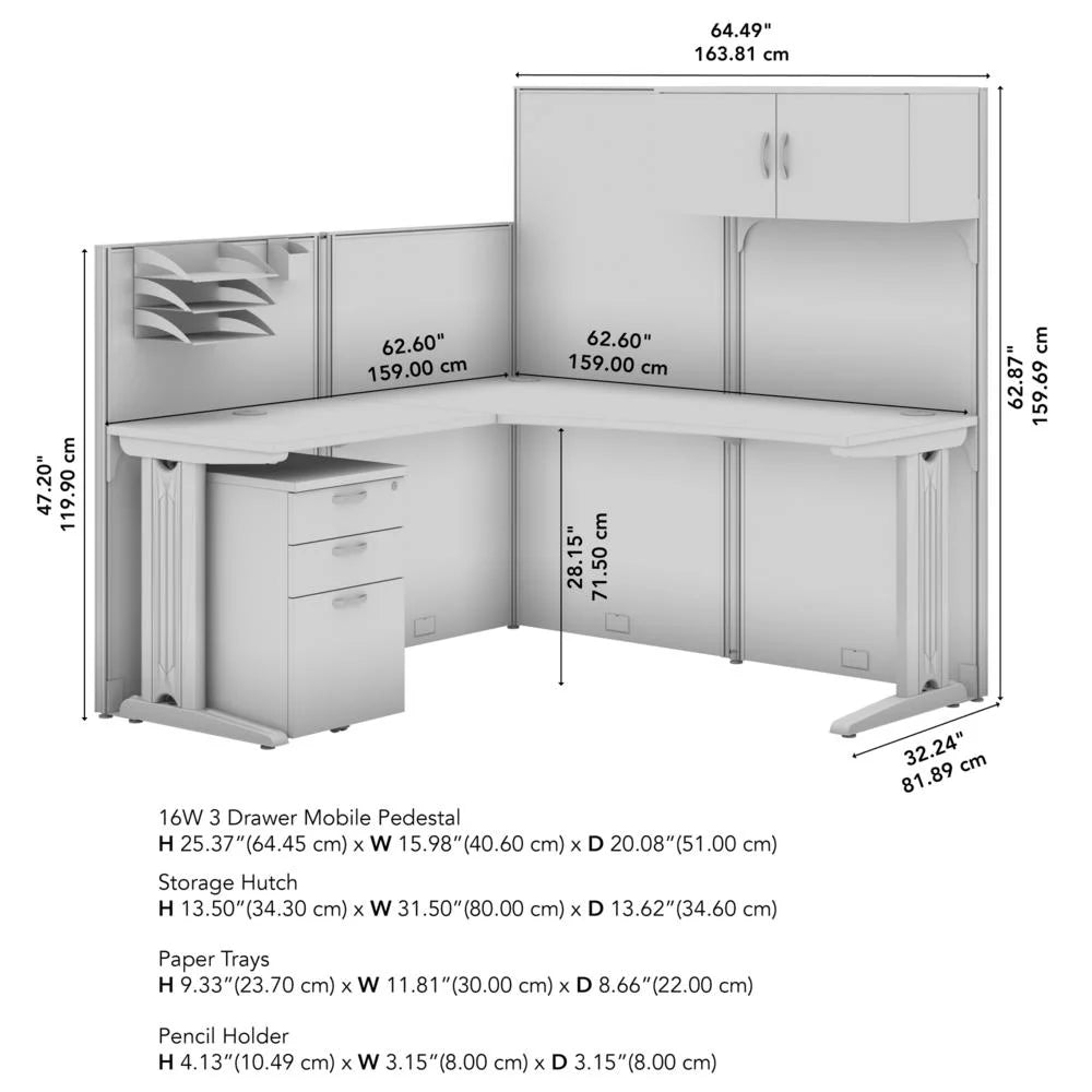 L Cubicle Desk with Storage in Pure White Engineered Wood Q787