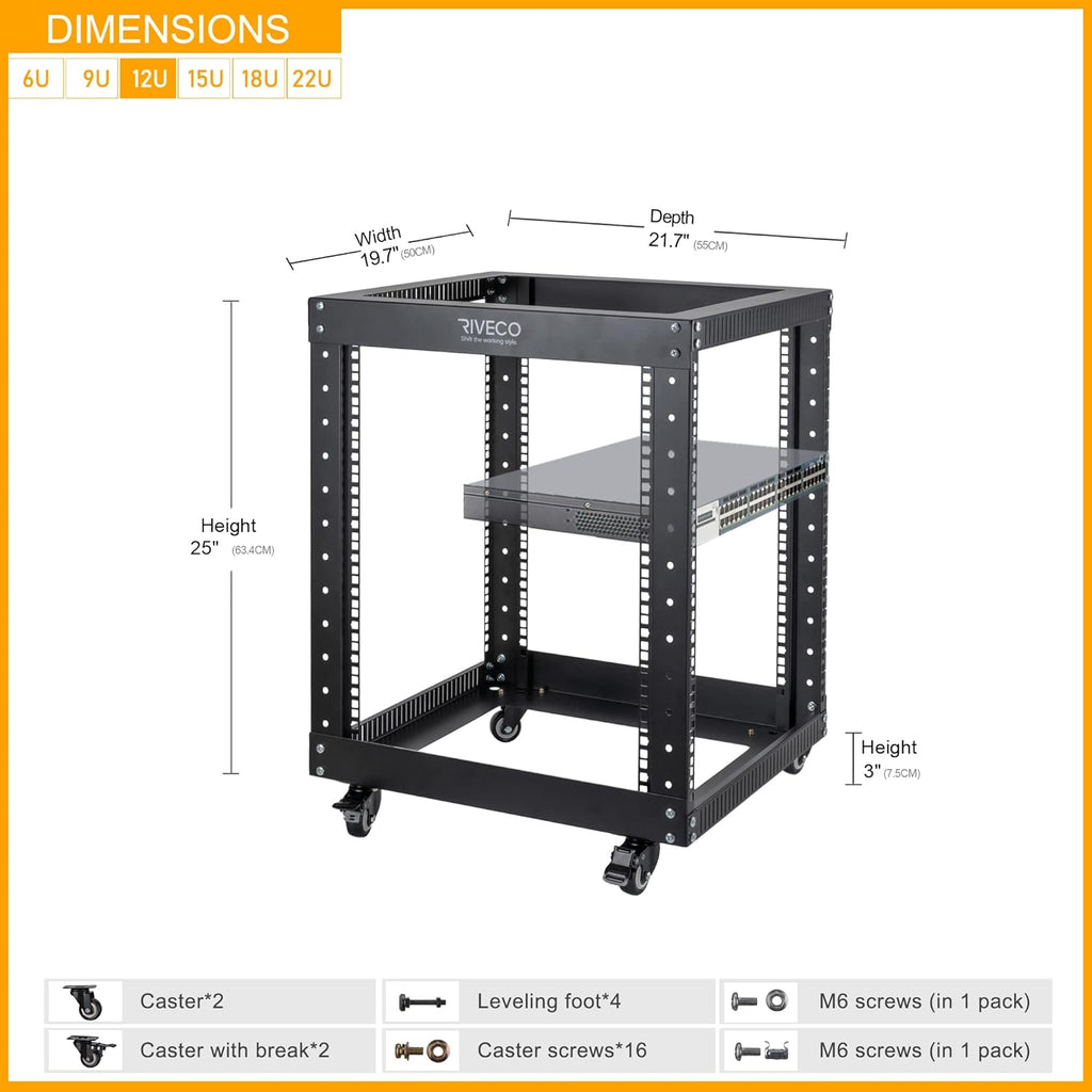 12U Open Frame Server Rack with Casters, 4 Post, 19-inch, Black D500
