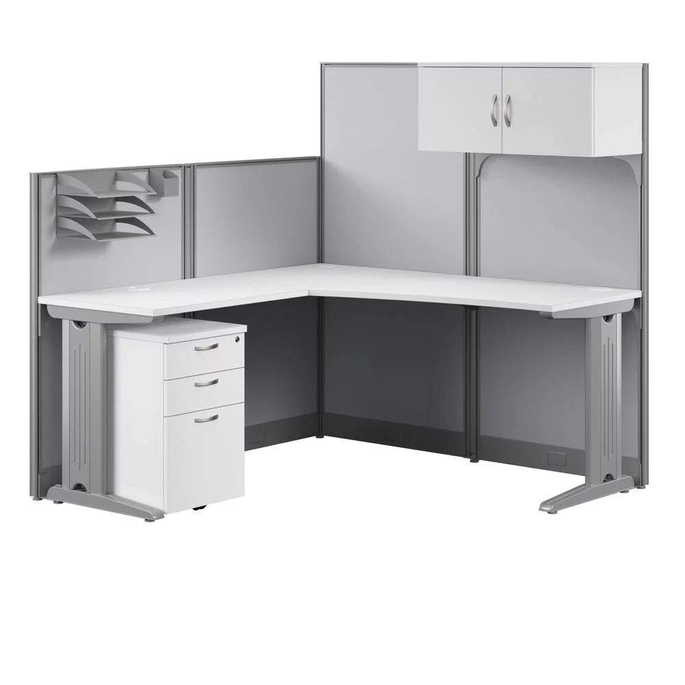 L Cubicle Desk with Storage in Pure White Engineered Wood Q787