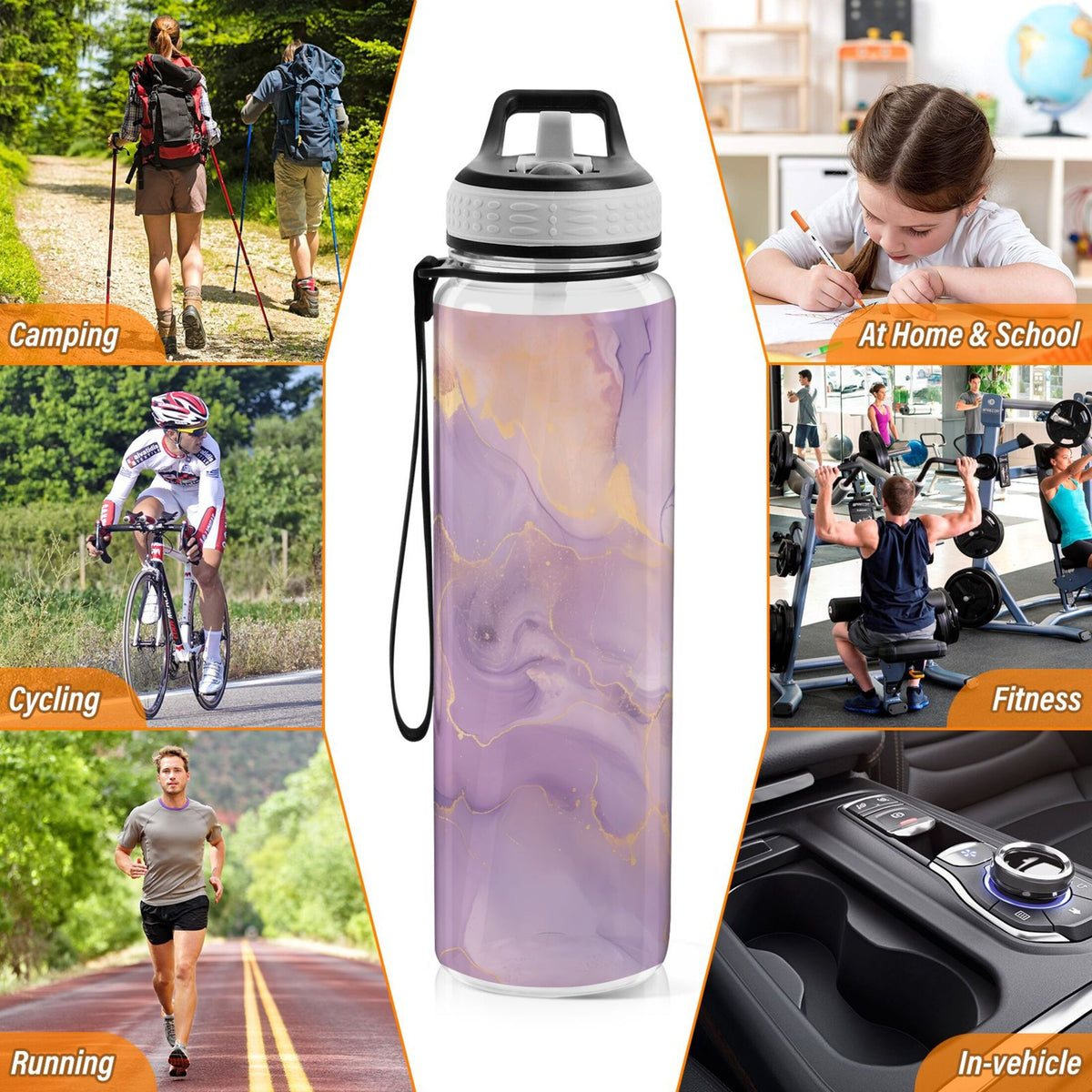 Purple and Gold Marble 32oz Tritan Leakproof Water Bottle with Straw S7693