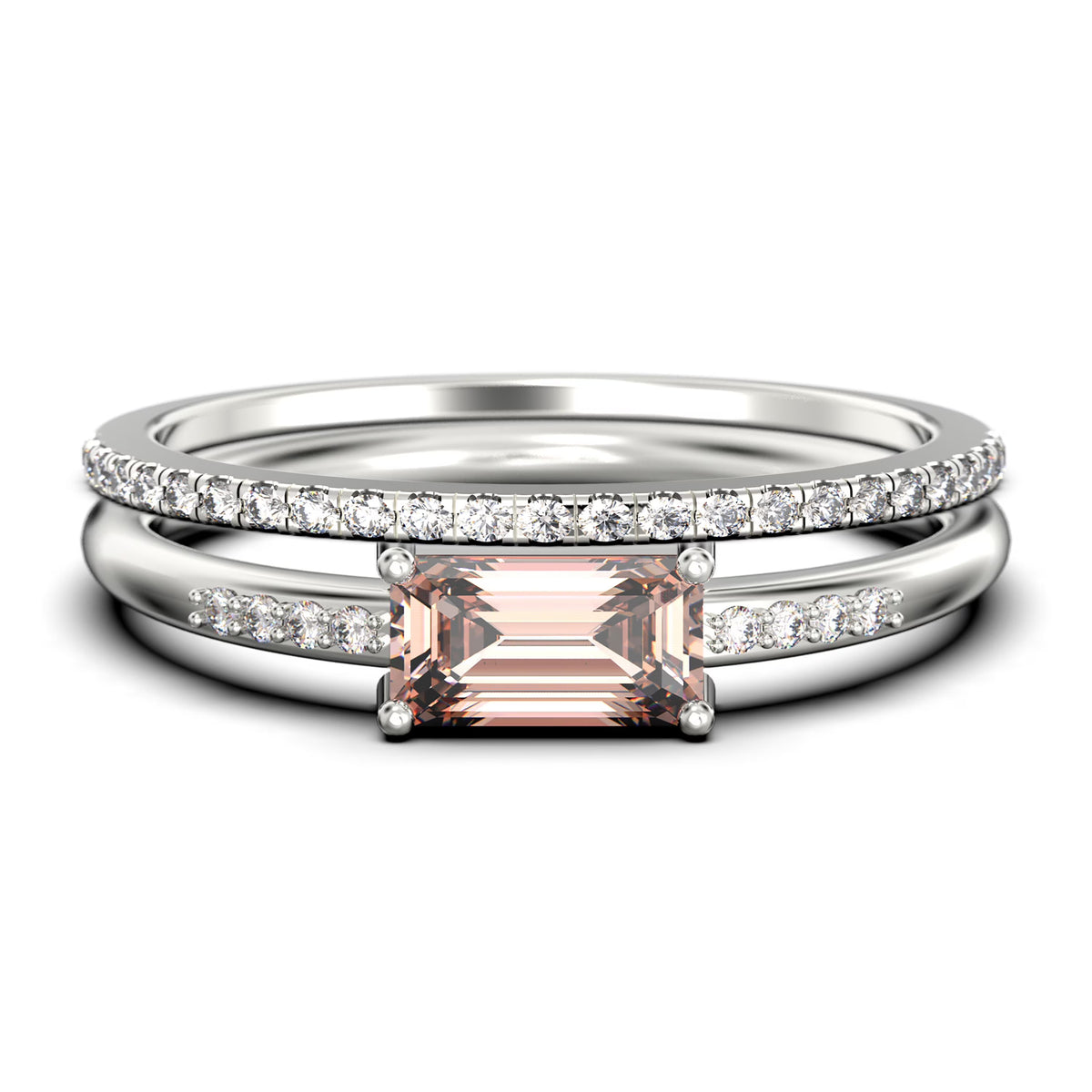 1.45 Carat Emerald Cut Morganite And Diamond Moissanite Engagement Ring in Silver With 18k White Gold Plating M776