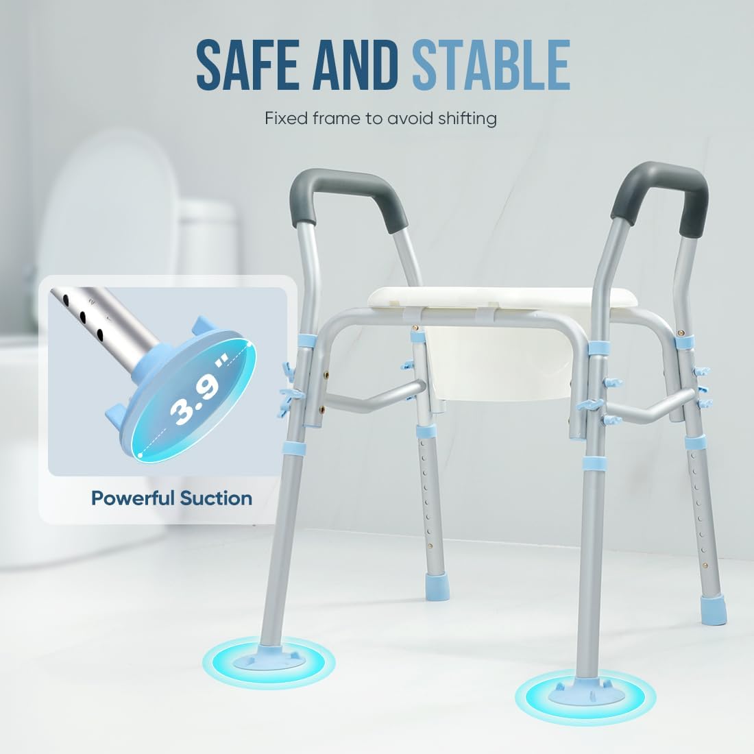 Stand Alone Raised Toilet Seat with Safety Frame, Height Adjustable Legs T4334