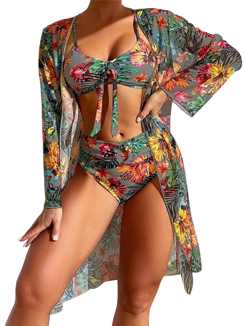 3 Pcs Floral Leaves Print Sling Padded Bra Thong Bottoms Long Sleeve Open Front Cover-Ups Bikini L4678