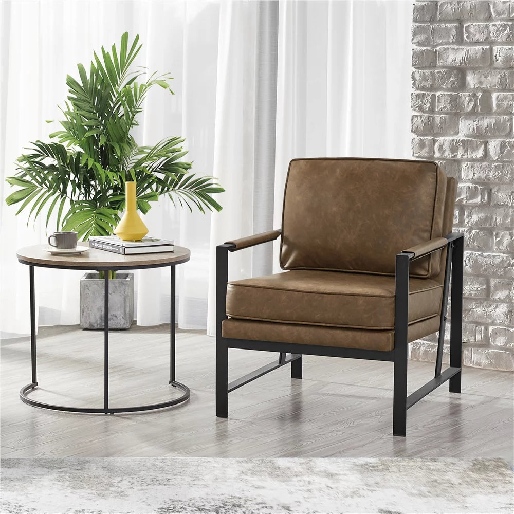 Brown Faux Leather Accent Chair with Metal Frame J5469