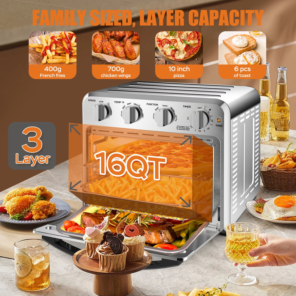 16QT Air Fryer Oven, 4 Slice Toaster Convection Air Fryer, Silver I4767