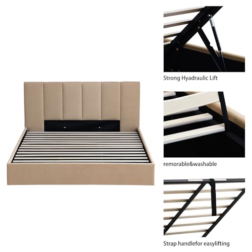 California King Size Lift-Up Storage Upholstered Platform Bed Beige H6948