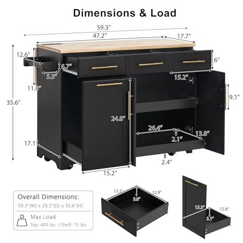 Black Farmhouse Kitchen Island with Drop Leaf, Barn Door, 3 Drawers, Adjustable Shelf, Spice Rack, 56" E152