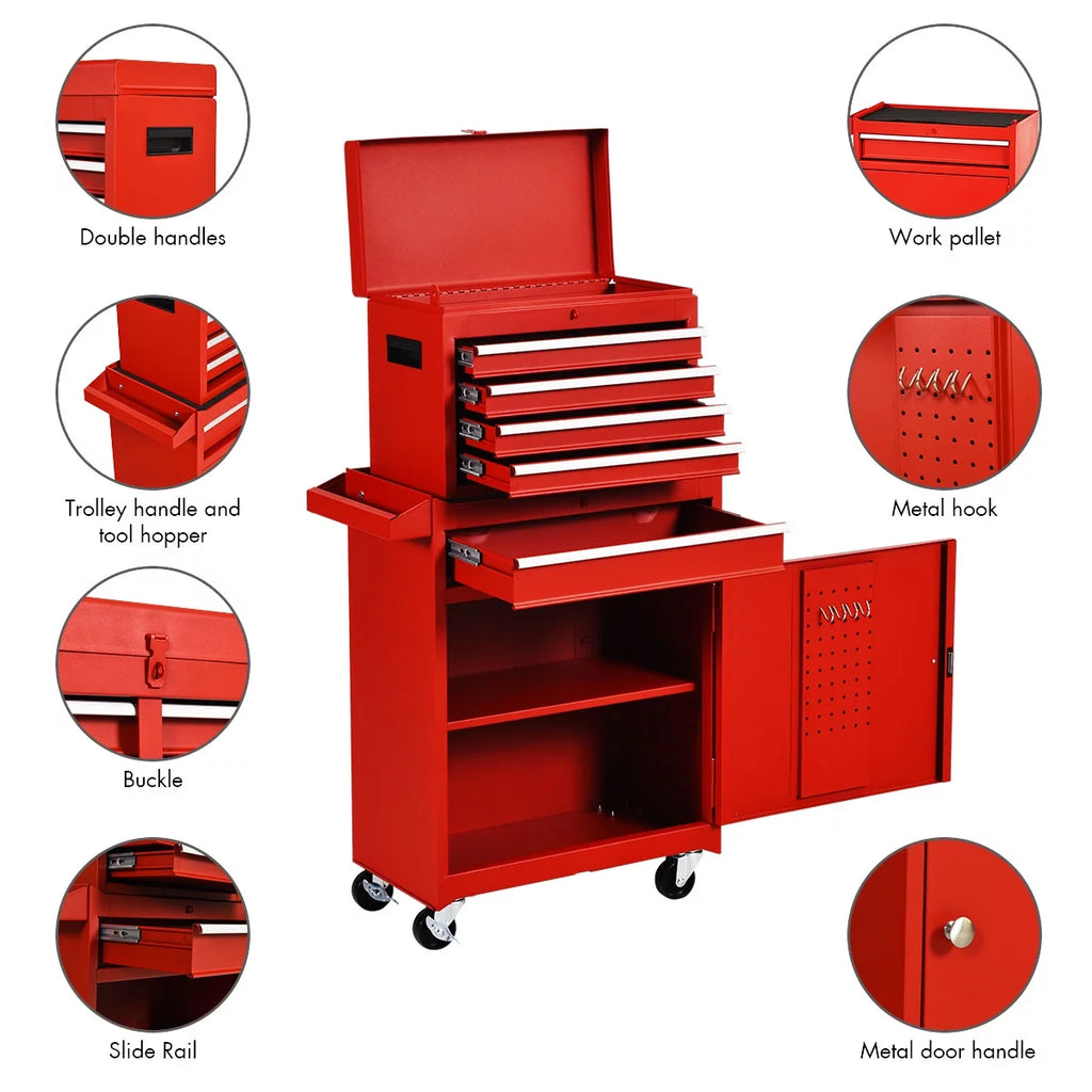 2 in 1 Tool Chest & Cabinet with 5 Sliding Drawers Red S375