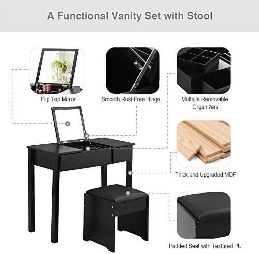 Black Vanity Set with Flip Top Mirror and Cushioned Stool Q4799