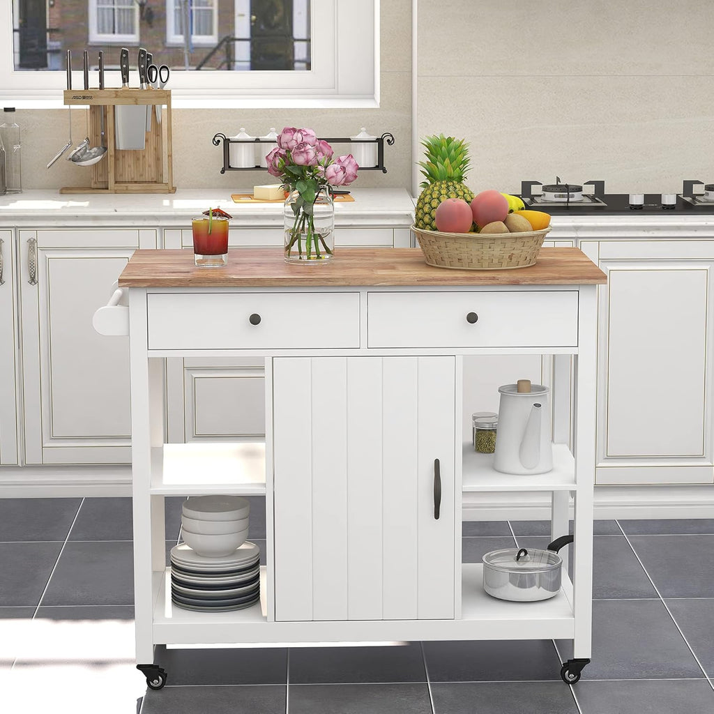 White Kitchen Cart on Wheels with Wood Top P750