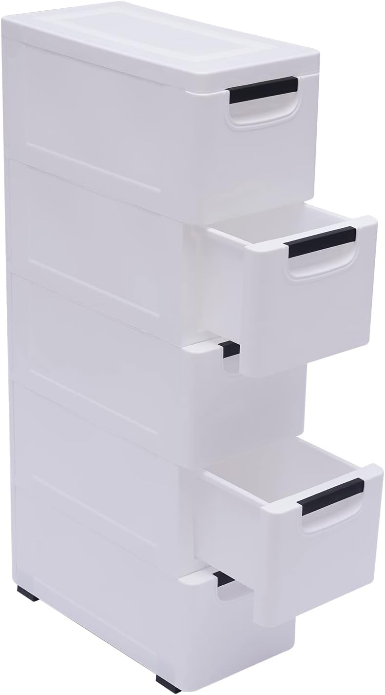 White 5 Drawer Plastic Storage Cabinet with Wheels I1290