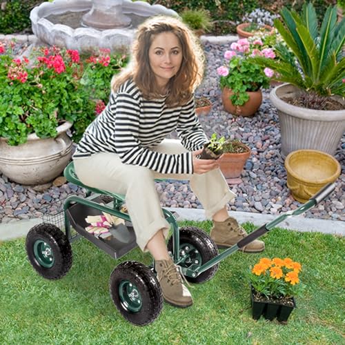 Blue Garden Cart with Rolling Work Seat Tool Tray and Storage Basket on Wheels D49802