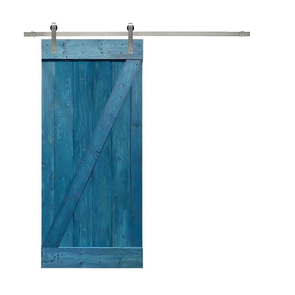 30 in. x 84 in. Ocean Blue Stained Wood Interior Sliding Barn Door with Hardware Kit G73955