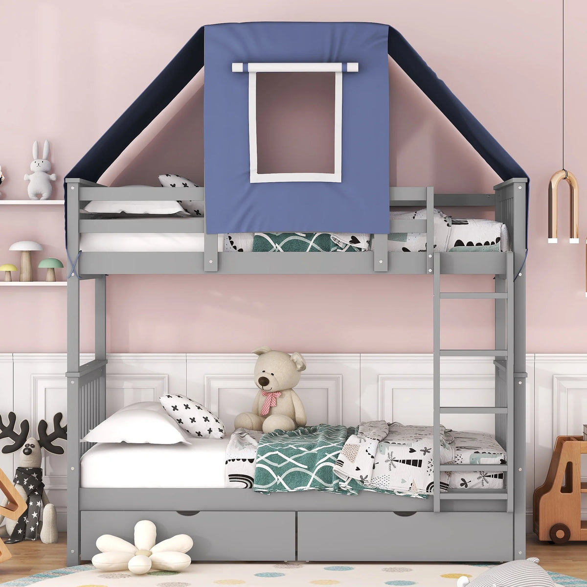 Wooden Twin over Twin Bunk Bed Frame with Tent and 2 Drawers Y7546