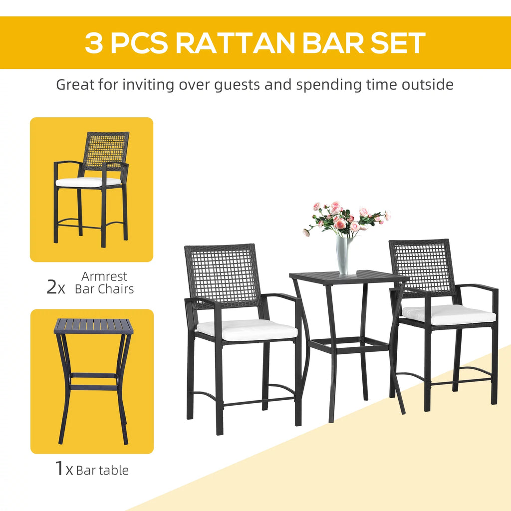 3 Pcs Rattan Wicker Patio Bar Set with Cushion U6159