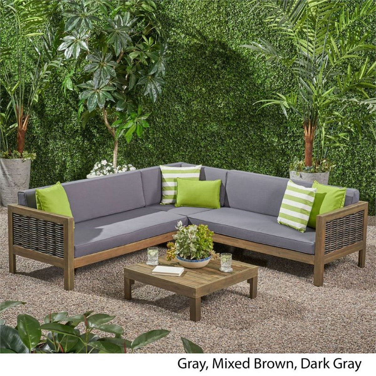 Gray 4 Piece Outdoor Wood and Wicker Sectional Sofa Set H6686