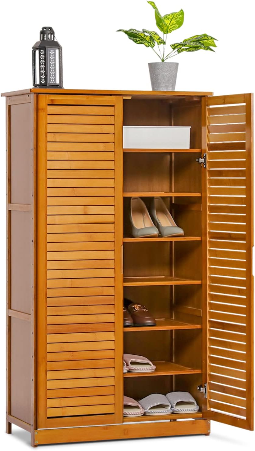 Brown Bamboo Shoe Storage Cabinet with Double Shutter Doors L72298