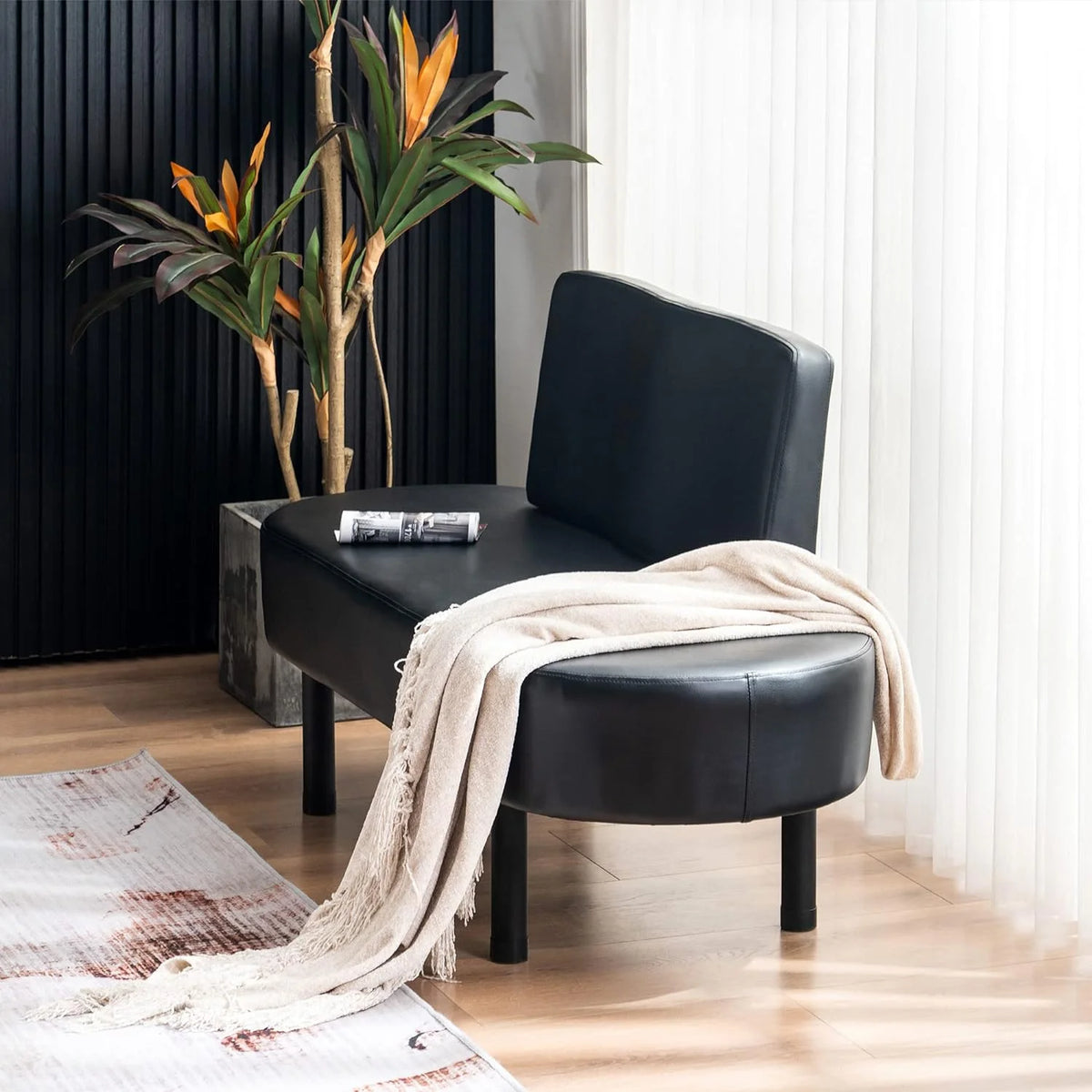 Black Leather Upholstered Bench with Backrest E338