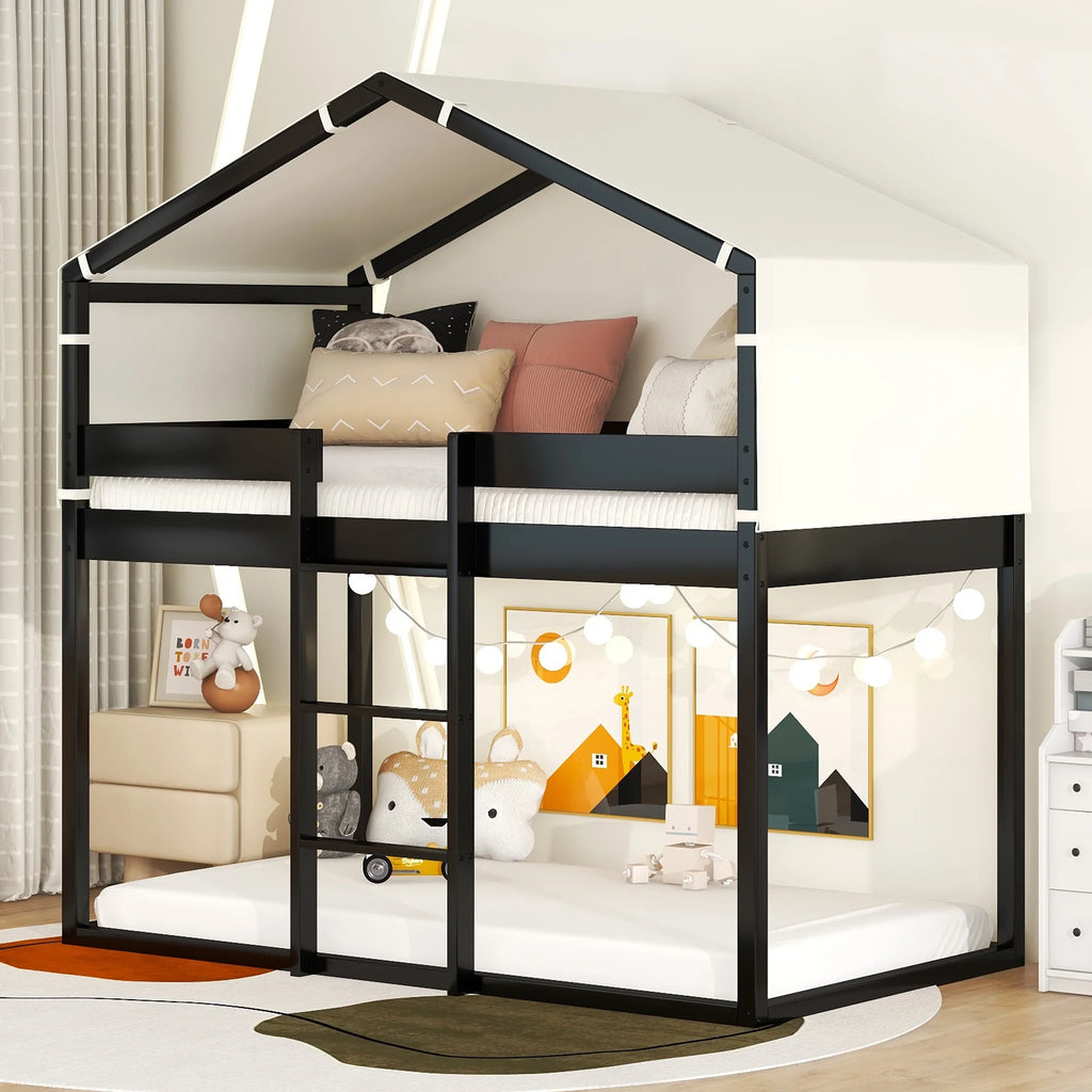 Twin-Over-Twin Wooden Bunk Bed with Play Tent V556368