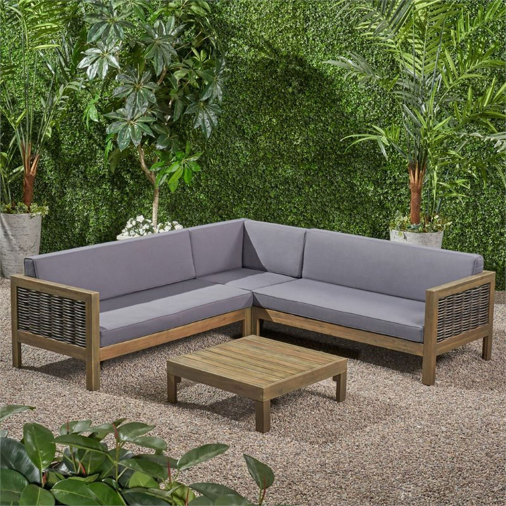 Gray 4 Piece Outdoor Wood and Wicker Sectional Sofa Set H6686