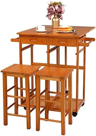 Drop Leaf Solid Wood Table and Stool Set with 2 Drawers L1972