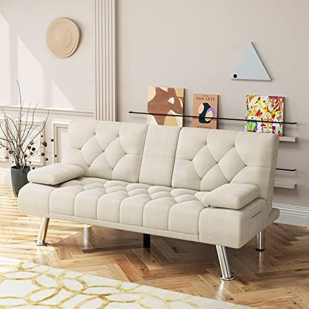 Dark Grey Upholstered Convertible Futon Sofa Bed with Metal Legs I1489
