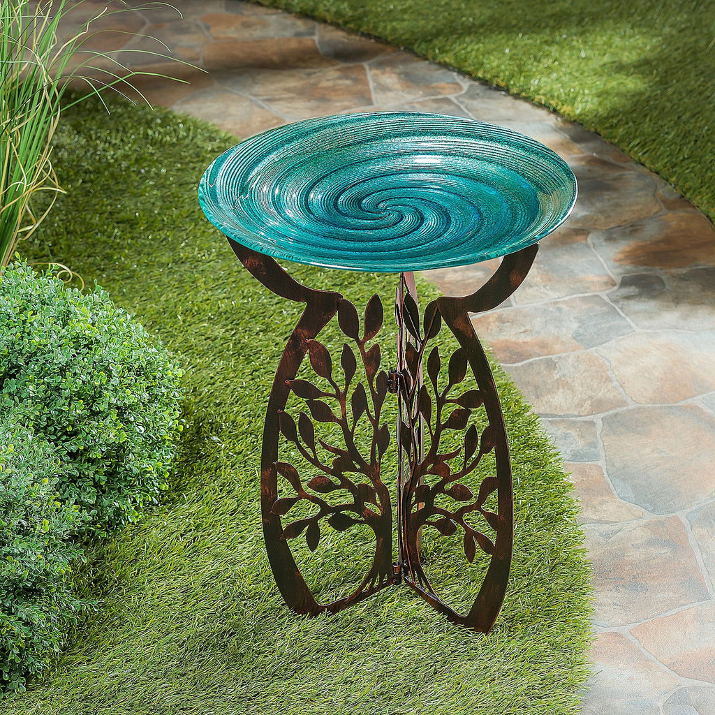 Laser Cut Bird Bath Stand and Glass Embossed Bird Bath Set D901510