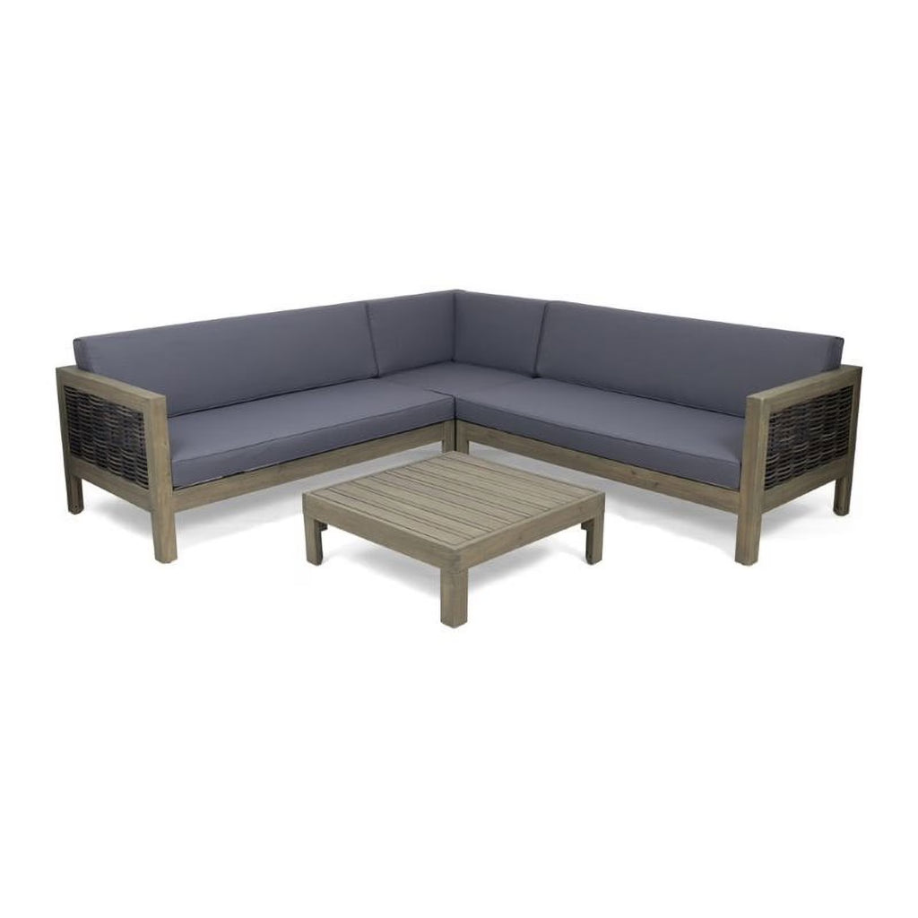 Gray 4 Piece Outdoor Wood and Wicker Sectional Sofa Set H6686